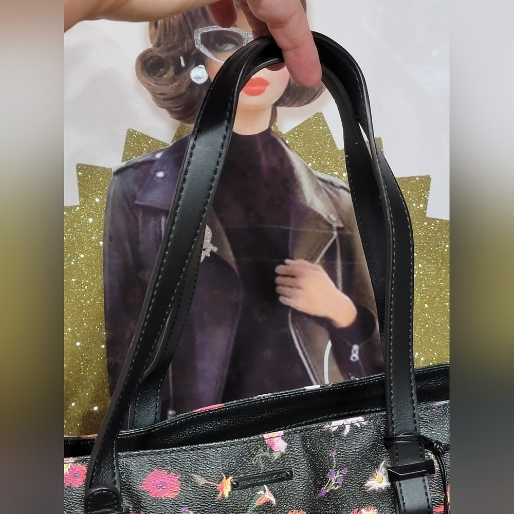 Rebecca Minkoff Cherish Black Floral Coated Canvas Large Shoulder Bag Tote Purse - Picture 8 of 16